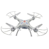 White quadcopter drone with four propellers and camera, ready for remote control