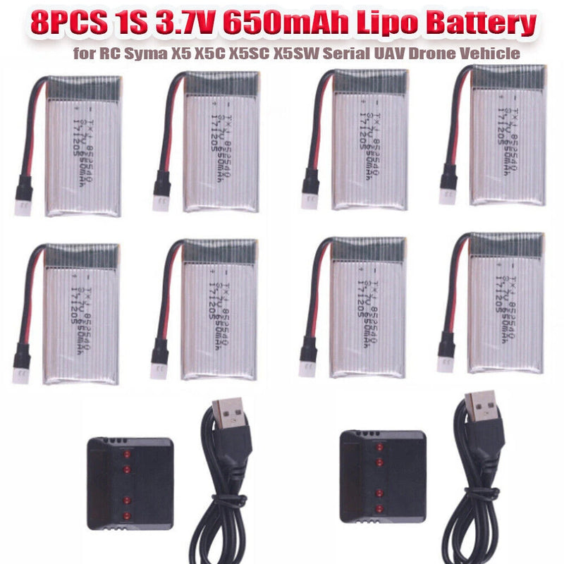 8pack 3.7V 1S 650mAh LiPo Battery 25C for RC Syma X5 Serial UAV Drone Vehicle