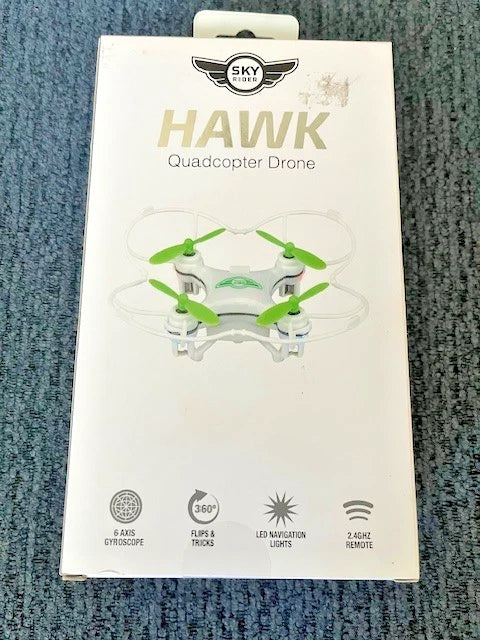 Hawk quadcopter drone retail box with green-and-white propeller drone illustration