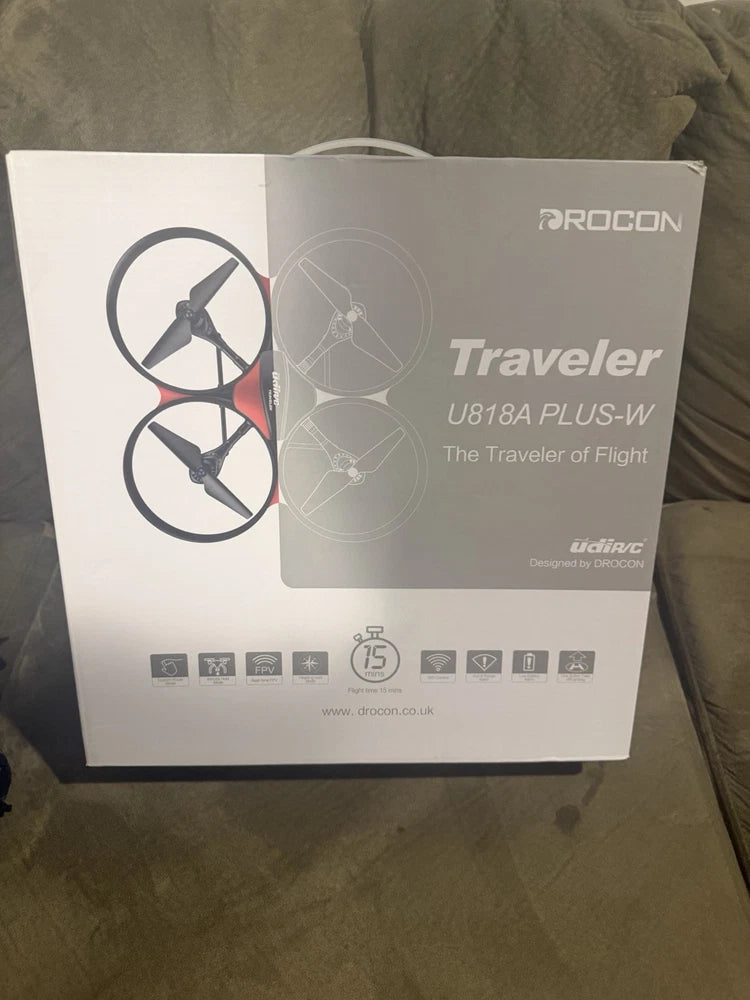 Drocon Traveler U818A PLUS-W drone box with illustrated drone graphics