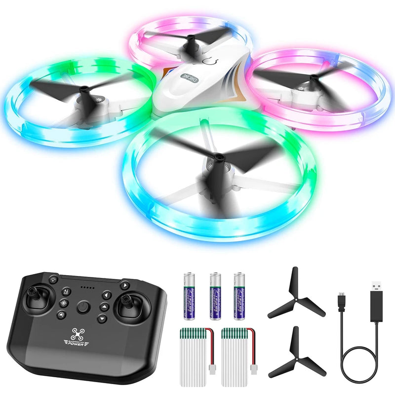 Mini quadcopter RC drone with multicolor LED light rings, remote controller, spare propellers