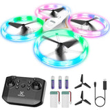 Mini quadcopter RC drone with multicolor LED light rings, remote controller, spare propellers