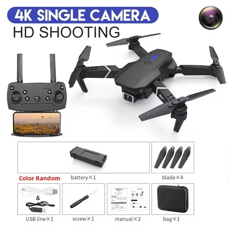 Black quadcopter drone with 4K camera, remote controller, battery and propellers kit