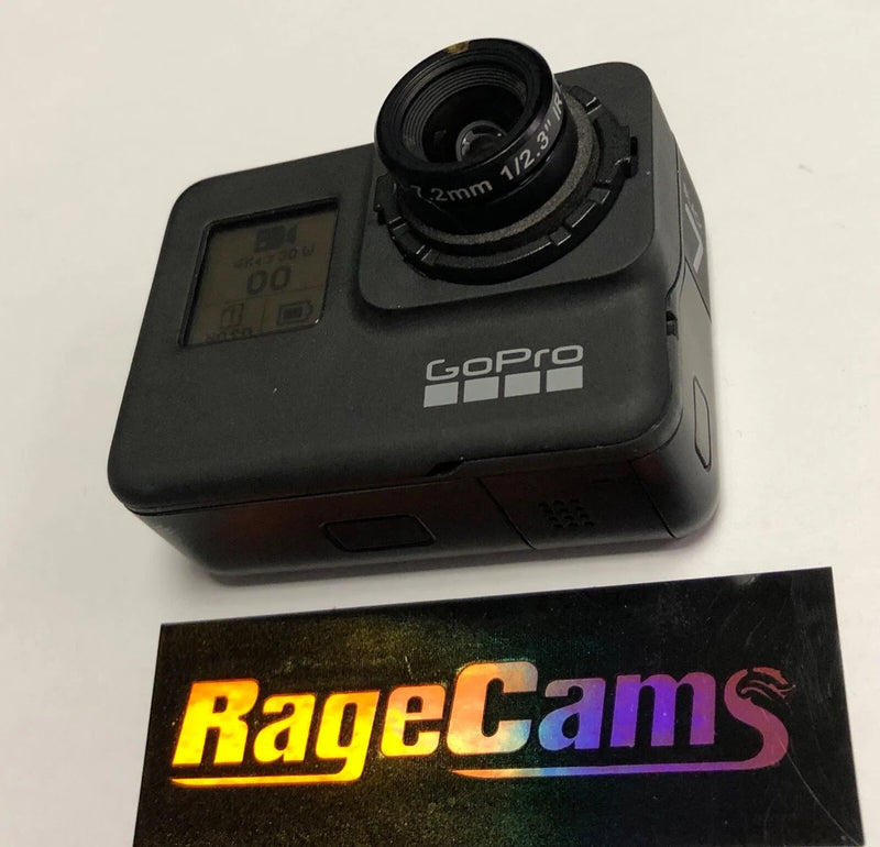 Black GoPro HERO7 action camera with front lens and small status screen