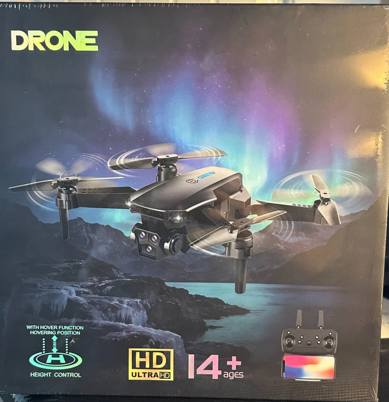 Foldable quadcopter drone with HD camera, dark gray body and four propellers