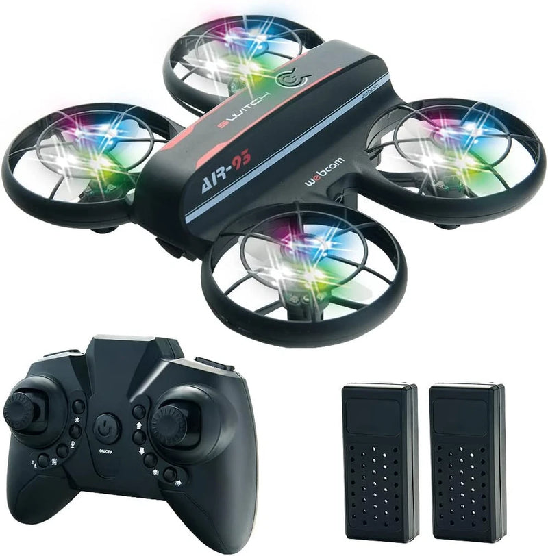 RC quadcopter drone kit with controller and two batteries, blue/green LEDs