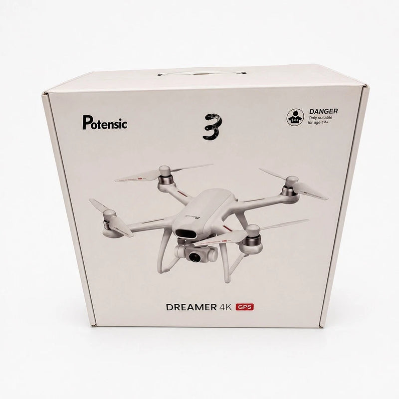 White Potensic quadcopter drone retail box, Dreamer 4K GPS artwork