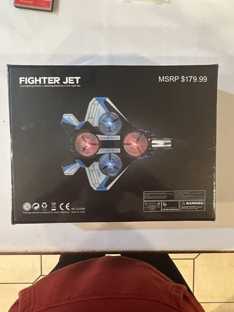 Fighter jet drone retail box with four red and blue lights illustration