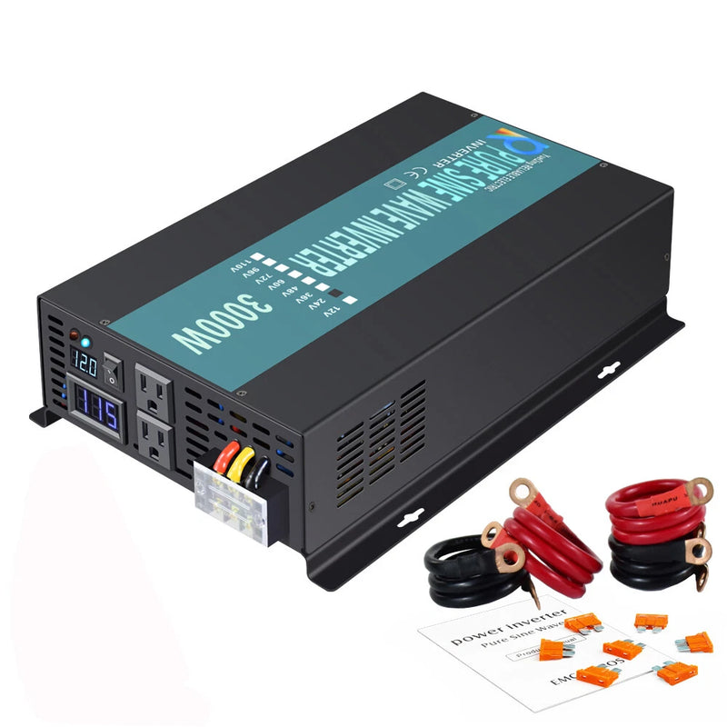 Pure Sine Wave Inverter 3000W 12V DC to 120V AC Dual Outlets LED Display