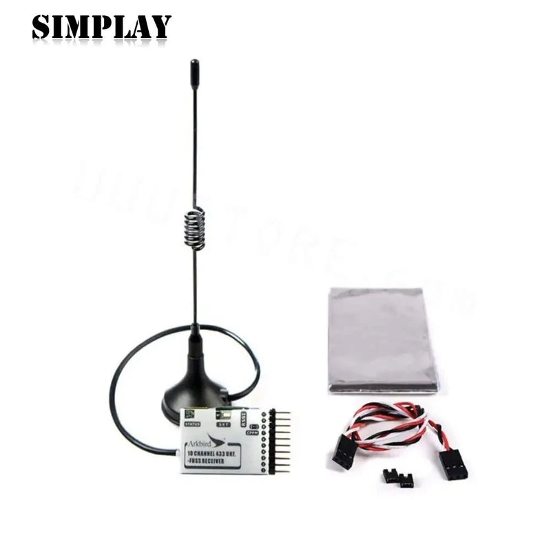 UHF FPV transmitter module with long antenna, mounting board, and ribbon cable set