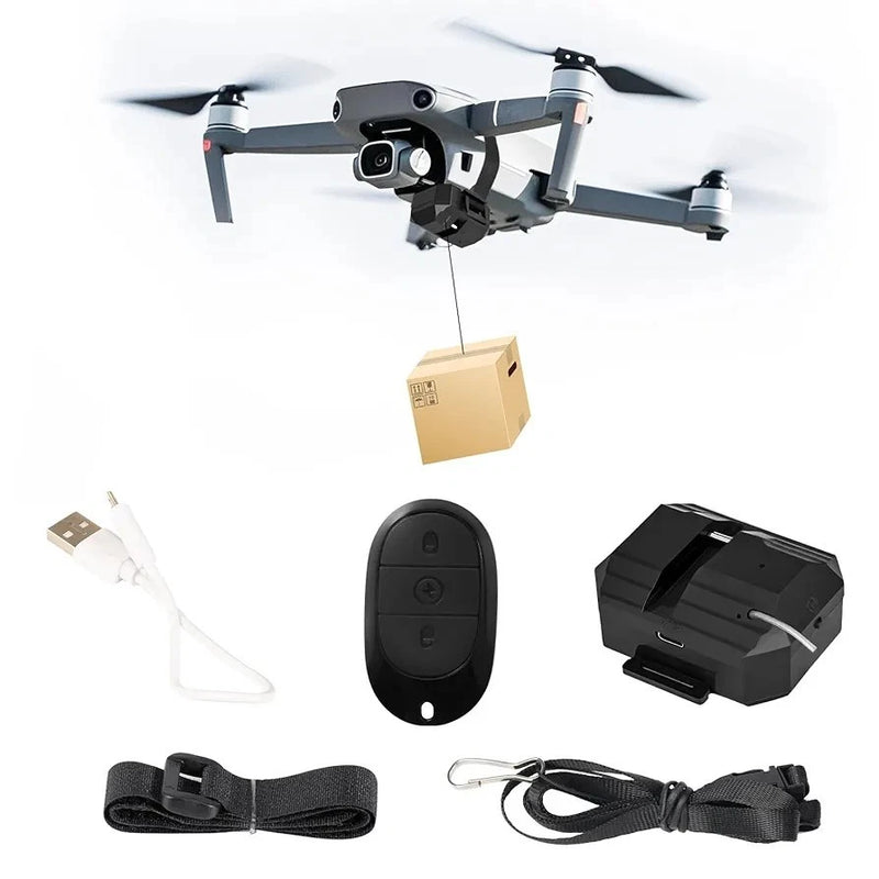 Drone airdrop system kit with remote key fob, receiver module, straps, cables, payload box