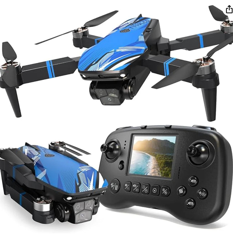 Drone with camera and LCD screen, blue and black, four-blade quadcopter body