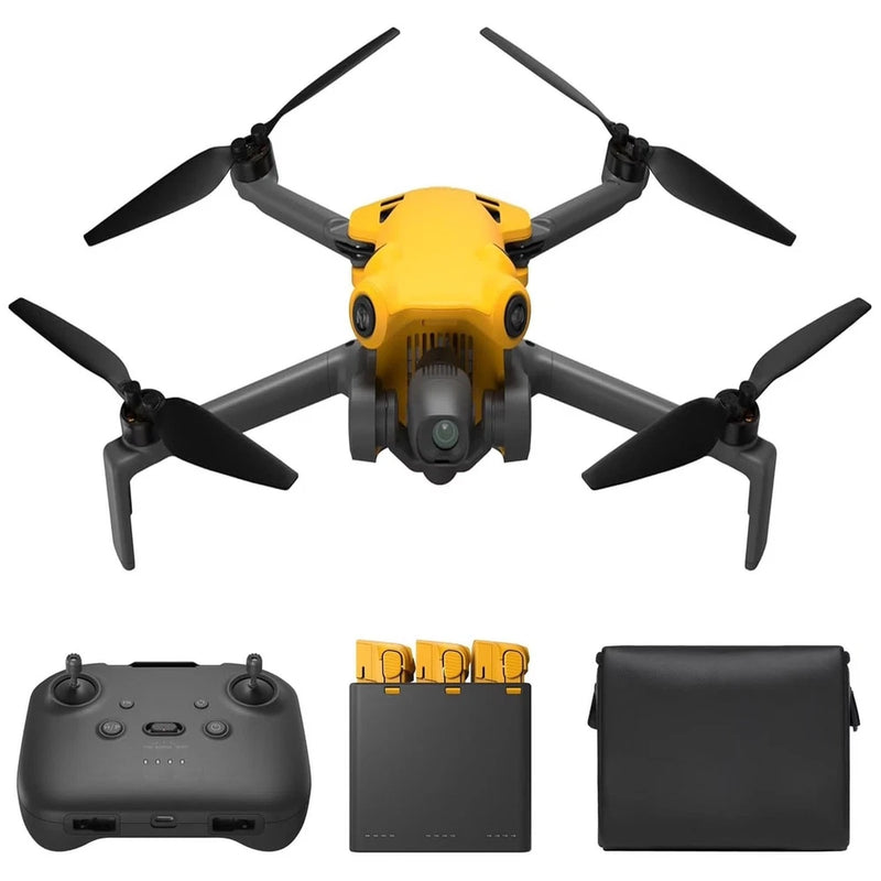 Yellow quadcopter drone with camera, remote controller, battery and carrying case