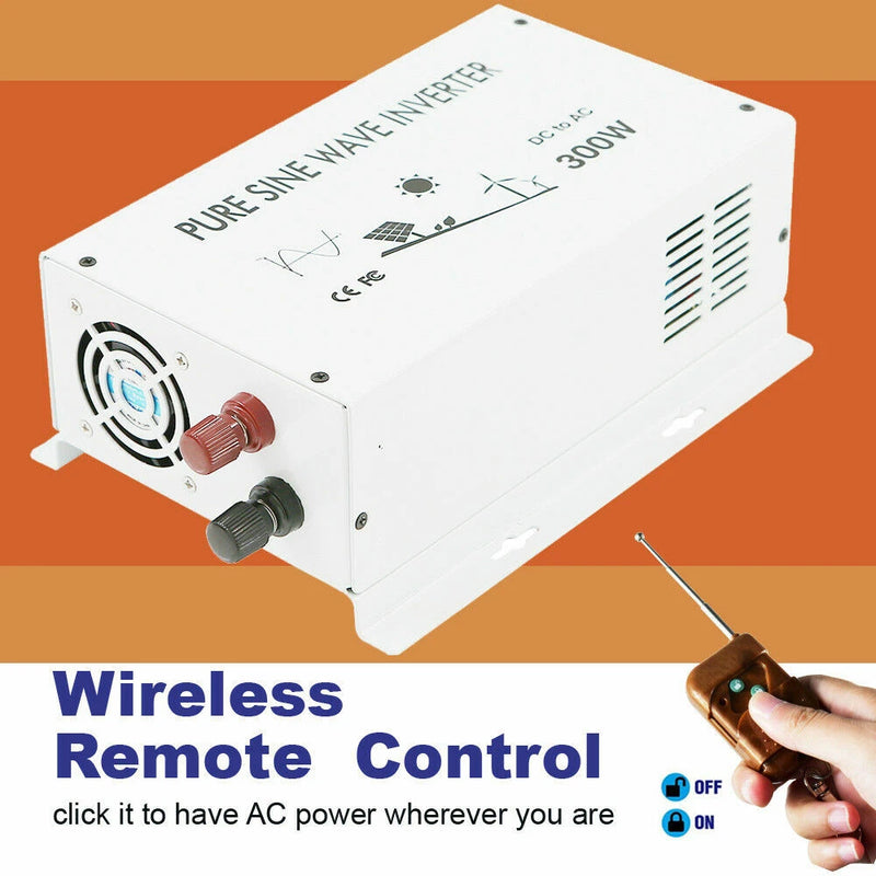 300W Pure Sine Wave Inverter Solar Panel DC12/24V to AC 120/240V Remote Control Converter