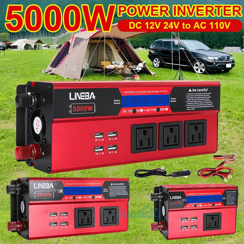1500W 2500W 5000W Power Inverter DC 12V 24V to AC 110V Converter With 3AC 4 USB