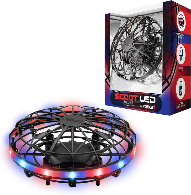 Hand-operated drone with protective cage and multicolor LED ring base