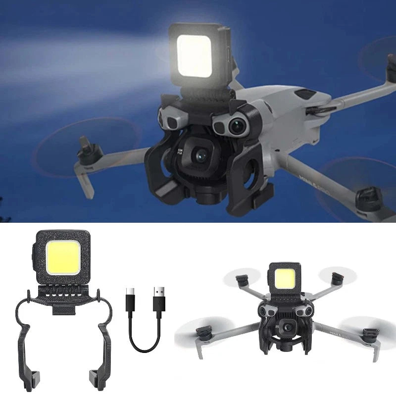 DJI Mini 5 Pro gimbal guard bumper with square LED light panel and mounting clips