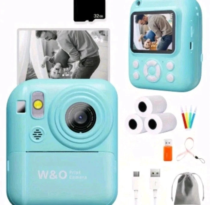 Blue disposable digital camera with front lens and small screen, includes print accessories