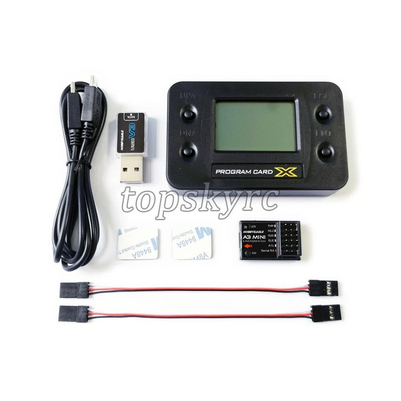 RC airplane gyro flight controller set with LCD screen, USB lead, and program card