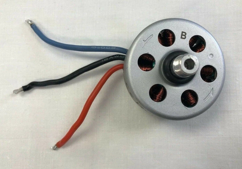 Silver Yuneec Q500 drone motor B with attached wire leads, circular motor housing
