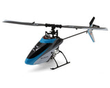 Blue and black electric RC helicopter with four-blade main rotor and landing skids