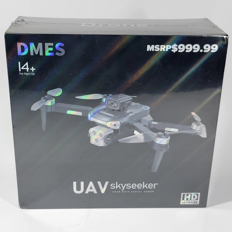 Four-axis HD UAV drone with four propellers, shown on retail box
