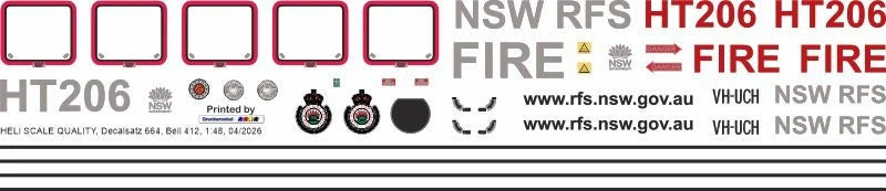 Helicopter RC model decal sheet with red-bordered parts, NSW RFS and FIRE markings