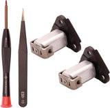 Front arm pivot hinges: two black brackets with silver metal hinge blocks