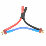 Deans T-plug adapter cable with red and black leads, two gold male and one female connector