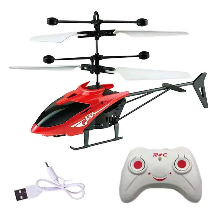 Mini RC helicopter toy with red-and-black body, white rotors, and gray controller