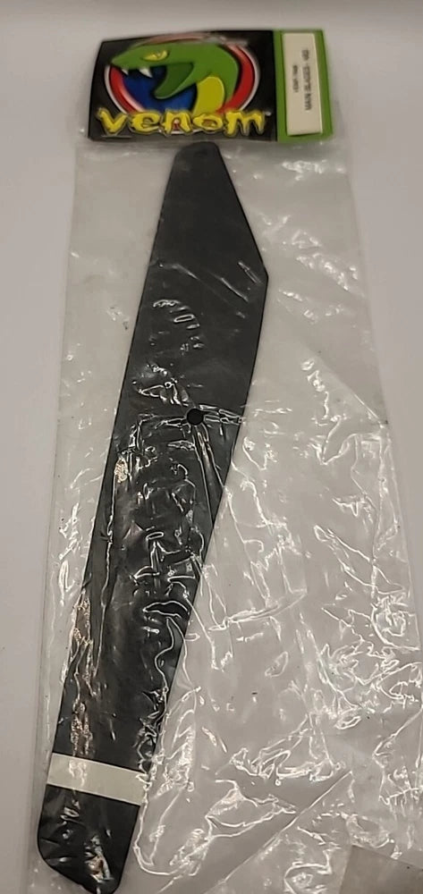 Black RC helicopter main rotor blade with printed Venom logo
