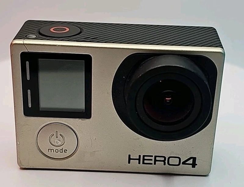 GoPro HERO4 action camera front view with LCD screen, lens, and mode button