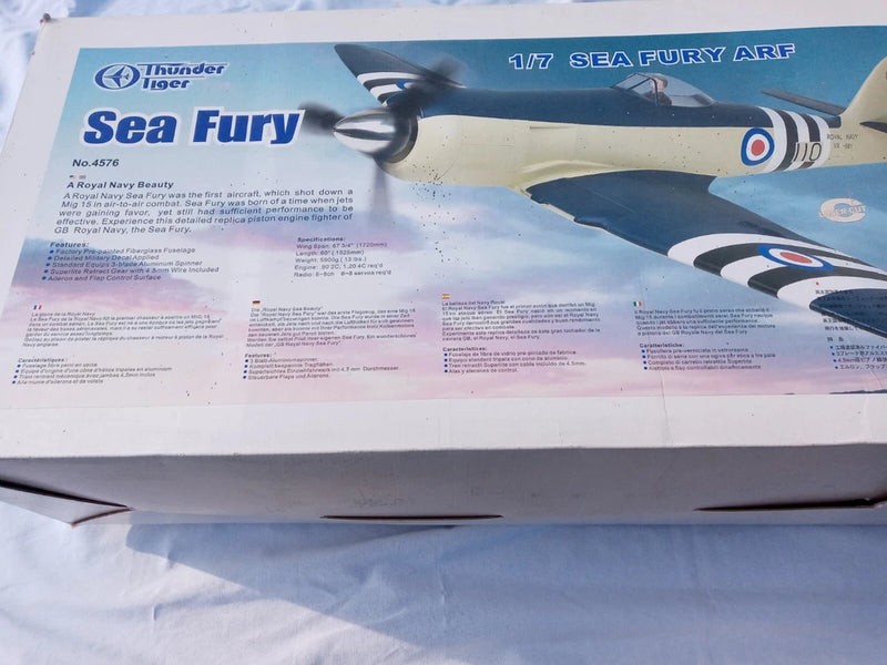 Sealed model airplane kit box, 1/17 Sea Fury ARF, blue and white artwork