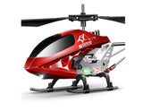 Red RC mini helicopter with black skids and silver metal body, 3-channel style