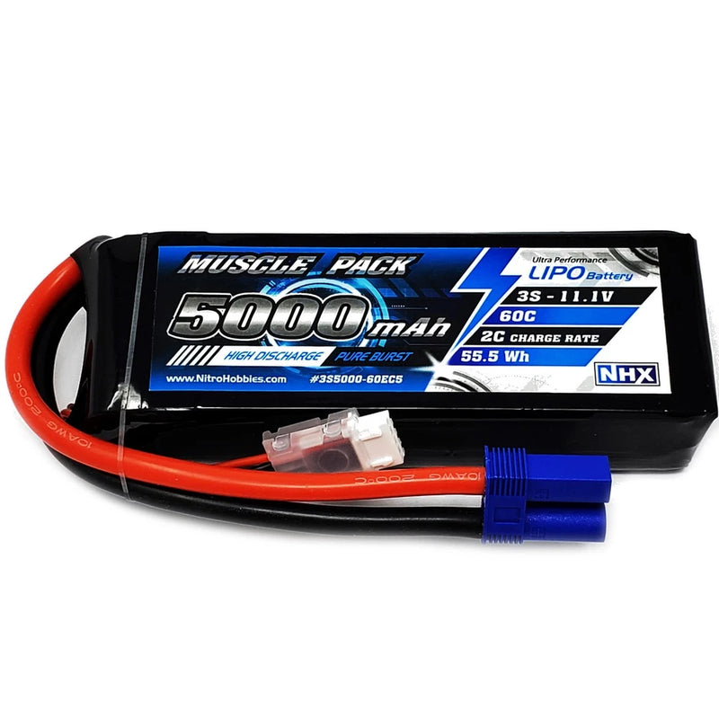 3S 11.1V 5000mAh LiPo battery with EC5 connector, black case and red/blue wires