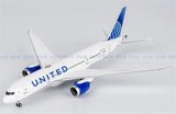 Die-cast United Airlines Boeing 787-8 airplane model, 1:400 scale, blue tail and engines