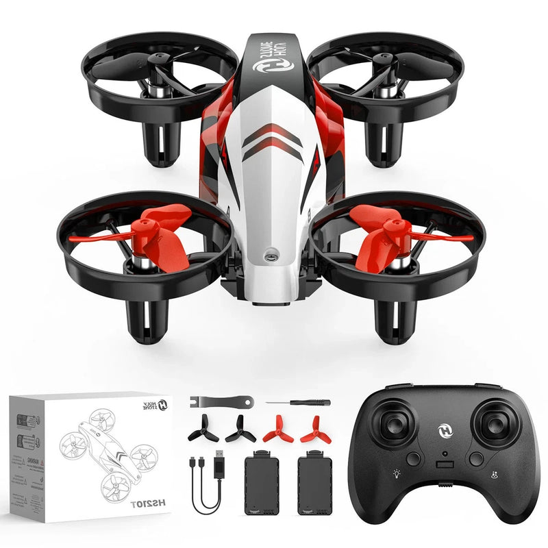 Mini RC drone toy with quad rotors and controller, white and red body.