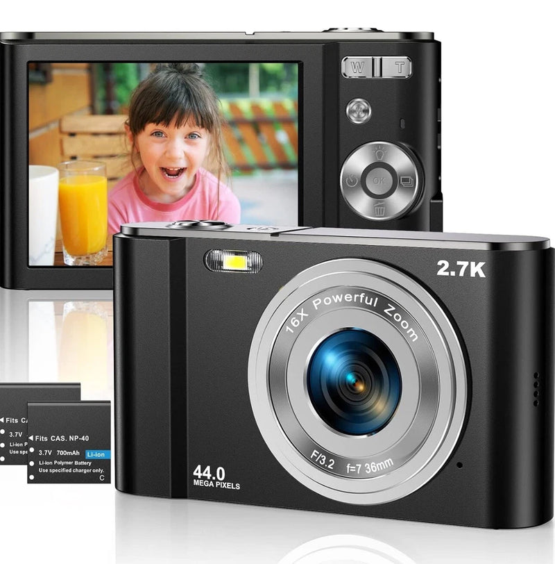 Black HD vlogging camera with front lens and 2.7K screen display