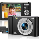 Black HD vlogging camera with front lens and 2.7K screen display