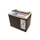 12V OEM car battery with top terminals and label on dark case