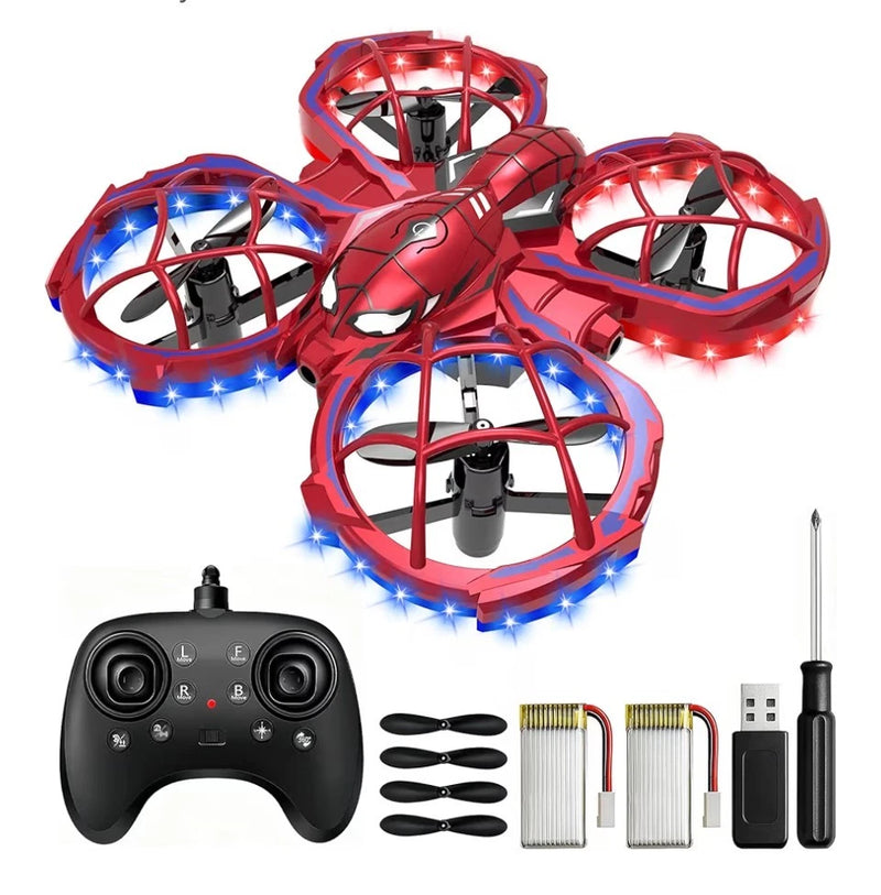 Red mini quadcopter drone with LED light rings and prop guards, with controller kit