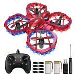 Red mini quadcopter drone with LED light rings and prop guards, with controller kit