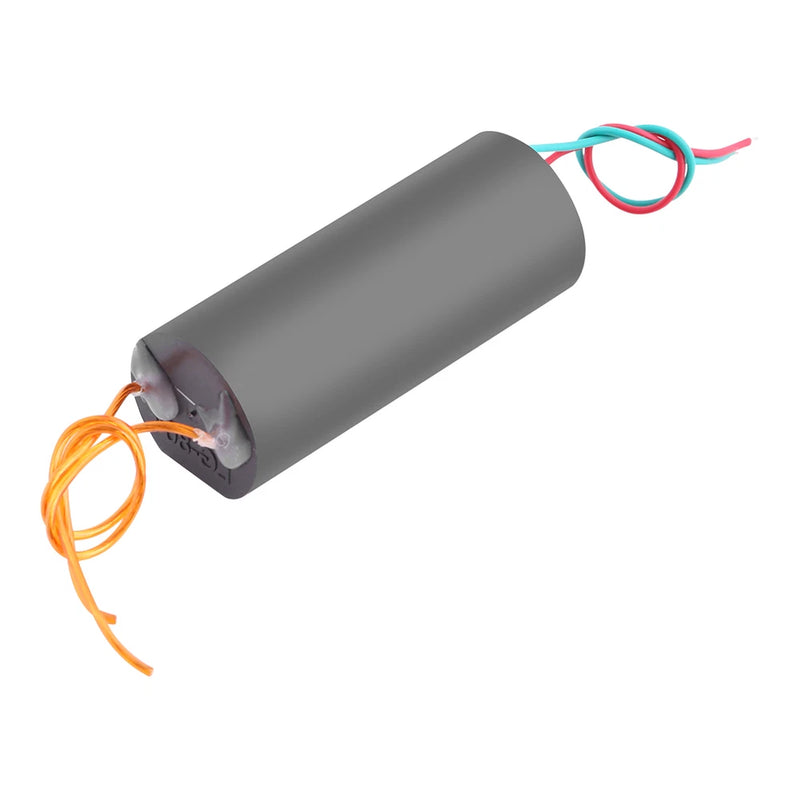 Gray cylindrical high-voltage pulse generator module with colored lead wires