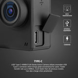 Sports action camera side view with Type-C port and charging connector