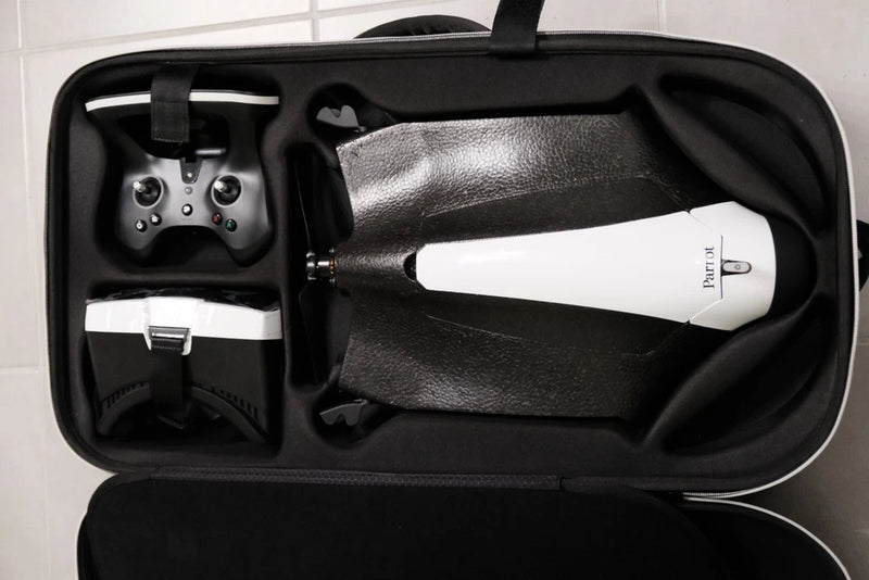 FPV drone and controller in black protective carry case