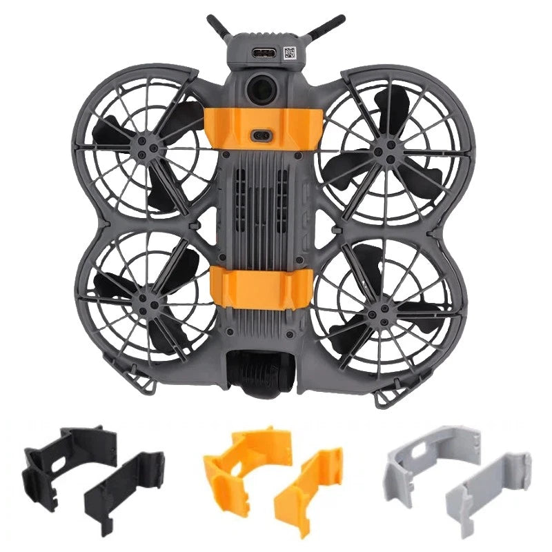 Orange and black drone landing gear bracket with prop guards and mounting parts