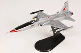 1/72 F-5A Freedom Fighter jet model on black display stand, gray with red markings