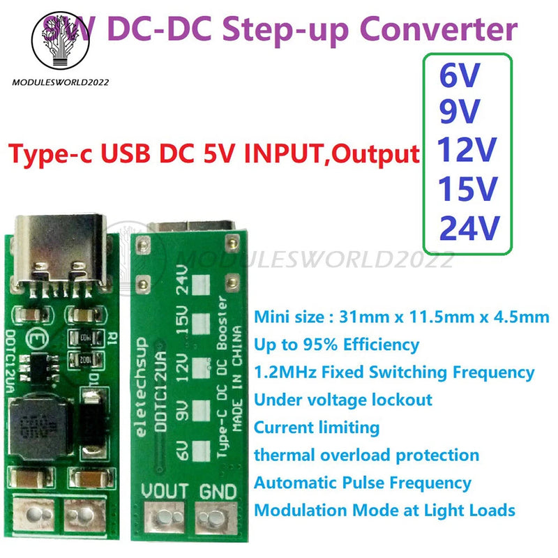 Green DC-DC step-up converter module with Type-C USB, 5V input to 6/9/12/15/24V output
