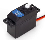 Black digital RC servo with blue label and white spline output horn