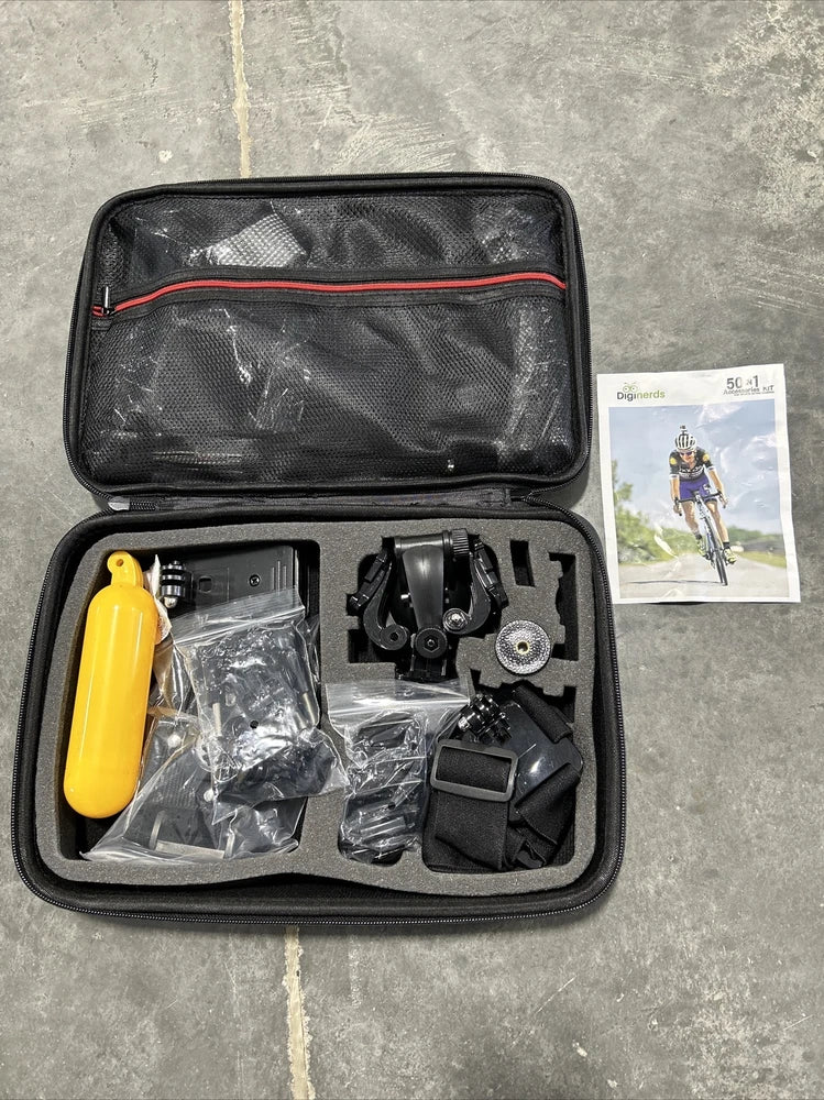 Action camera accessory kit in black zippered case with mounts, tool, and plastic bags